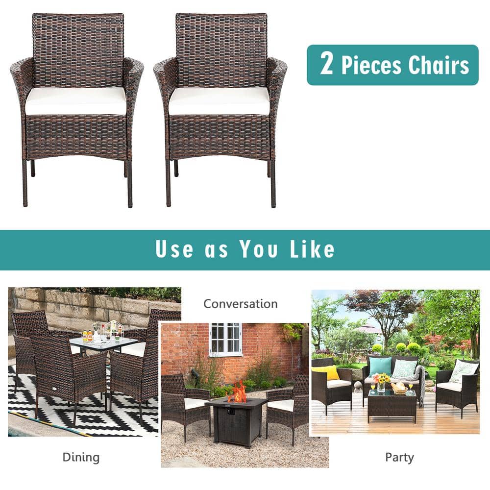 Brown Wicker Outdoor Dining Chairs with Cushions, Set of 2