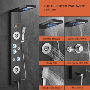 55 in. 6-Jet Rainfall Waterfall Shower Panel System with LED Adjustable Shower Head and Mist Massage Head in Matte Black