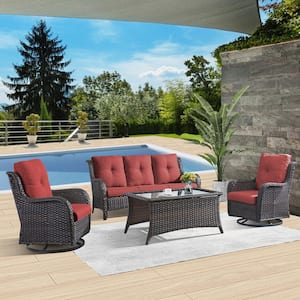 Carolina Brown 4-Piece Wicker Patio Conversation Set with Red Cushions