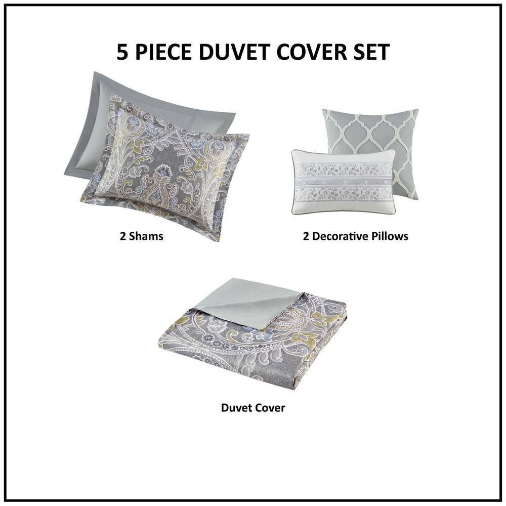 Elegant Grey Damask 5-Piece Cotton Duvet Cover Set