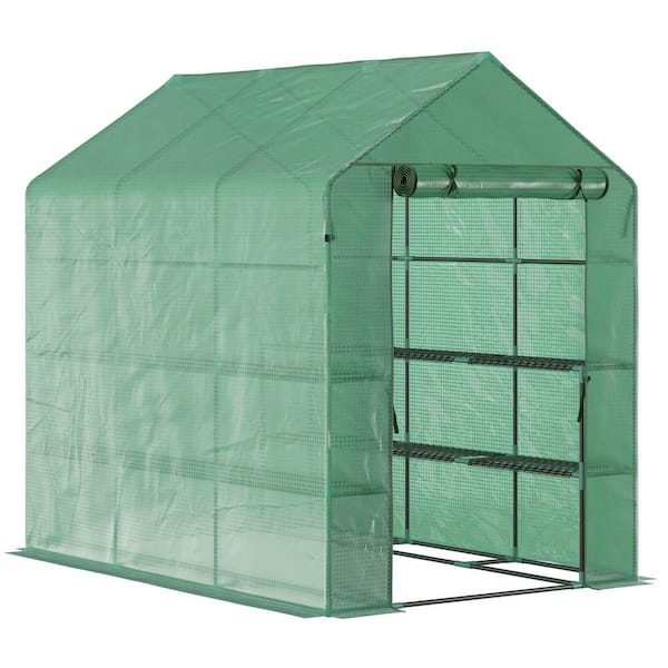 7 ft. x 5 ft. x 6.5 ft. Walk-in Greenhouse Base Kit, with  PE Cover, 3-Tier Shelves, Steel Frame, Roll-Up Door, Green