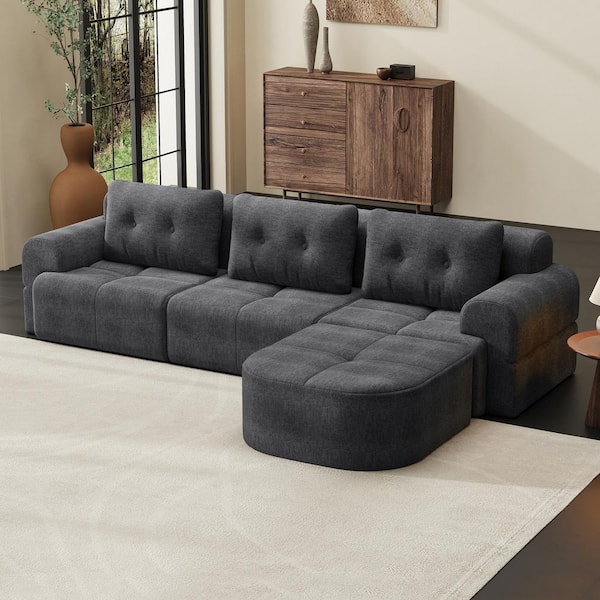 Everett Tufted Compression Sofa 112.2 in. Round Arm 4-Piece Chenille Modular Sectional Sofa in Dark Grey with Chaise