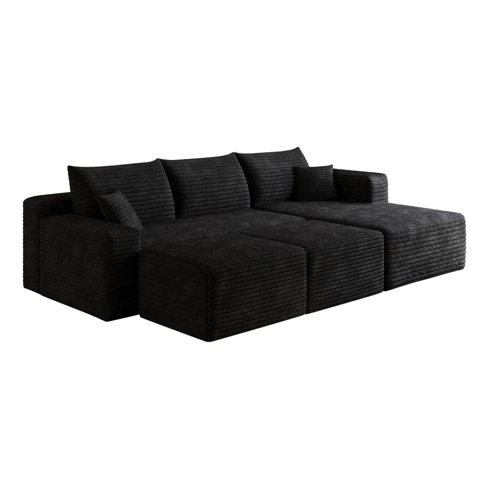 Cloud Sectional 95 in. Wide U-Shaped Arm Corduroy Modern Minimalist Sofa with 2 Ottoman in Black