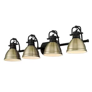 Duncan 33.5 in. 4 Light Matte Black Vanity Light with Aged Brass Shades
