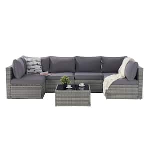7-Piece Wicker Outdoor Sofa Sectional Set with Gray Cushions