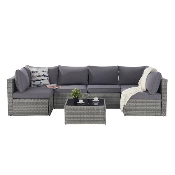 Unbranded 7-Piece Wicker Outdoor Sofa Sectional Set with Gray Cushions
