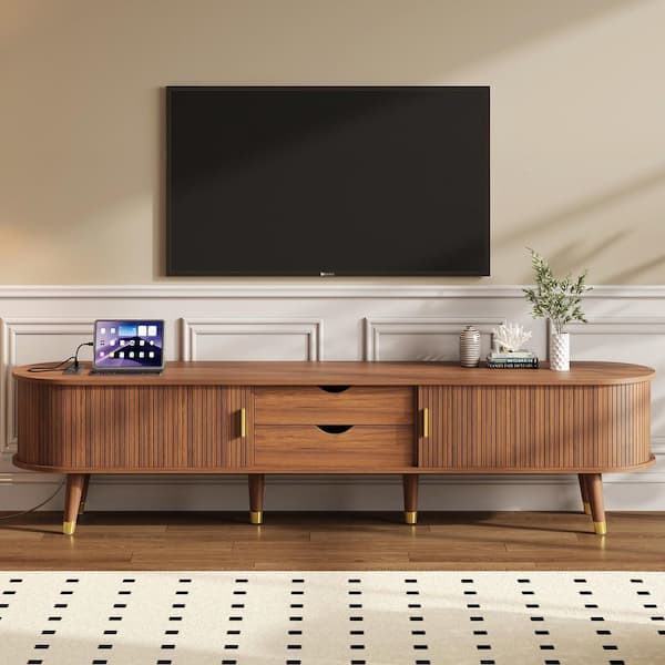 Walnut Brown Oval Fluted TV Stand Fits TV's up to 80 in. with Charging Station and Drawers