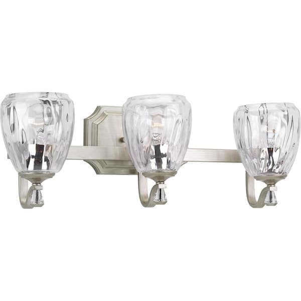 Progress Lighting Anjoux Collection 3-Light Silver Ridge Clear Water Glass Luxe Bath Vanity Light