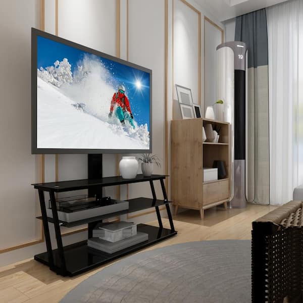 41.3 in. Black 3-Tier Storage Shelves Tempered Glass TV Stand Fits TV's up to 65 in. with Swivel and Height Adjustable