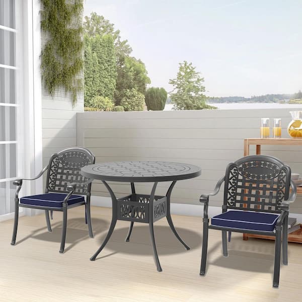 Oyezvary 3-Piece Aluminum Patio Conversation Set, Chairs and Tables, Stacking Design Petals and Rectangle Patterns/ Blue Cushions