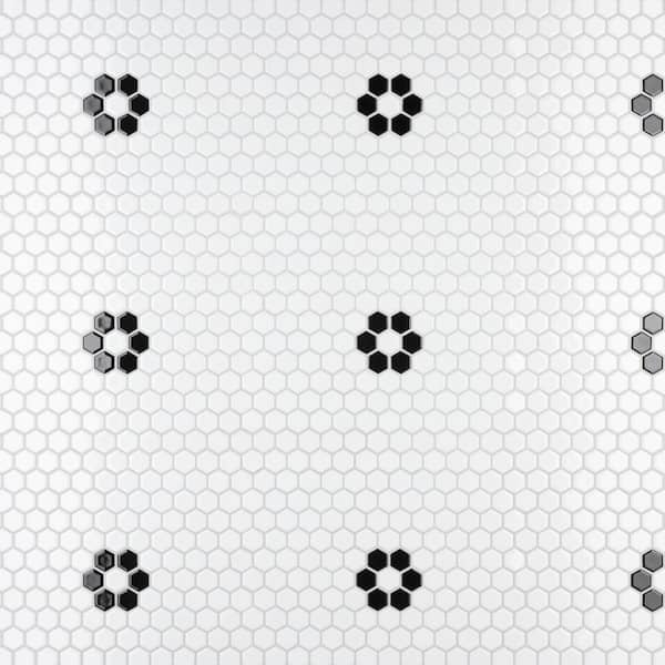 Merola Tile Metro 1 in. Hex Glossy White with Single Flower