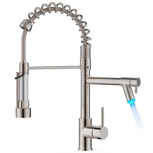 FORIOUS Single Handle Pull Out Sprayer Kitchen Faucet with LED Light Deckplate Not Included in Brushed Nickel