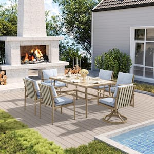 Sunset Retreat 7-Piece Aluminum Outdoor Dining Set with Swivel Chairs and Blue Cushions