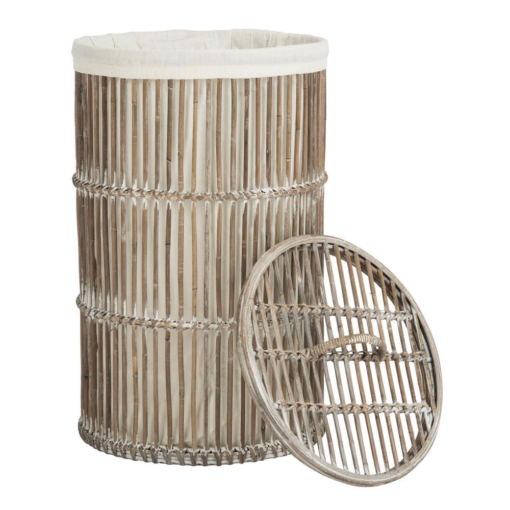 White Wash Rattan Cylinder Laundry Hampers with Removable Lids