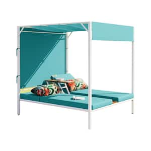 U-Style Metal Outdoor Patio Sunbed Day Bed with Blue Cushions, Adjustable Seats