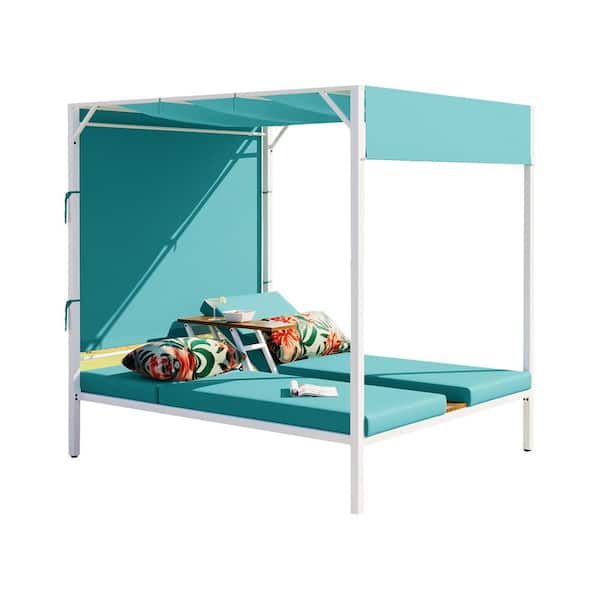Unbranded U-Style Metal Outdoor Patio Sunbed Day Bed with Blue Cushions, Adjustable Seats