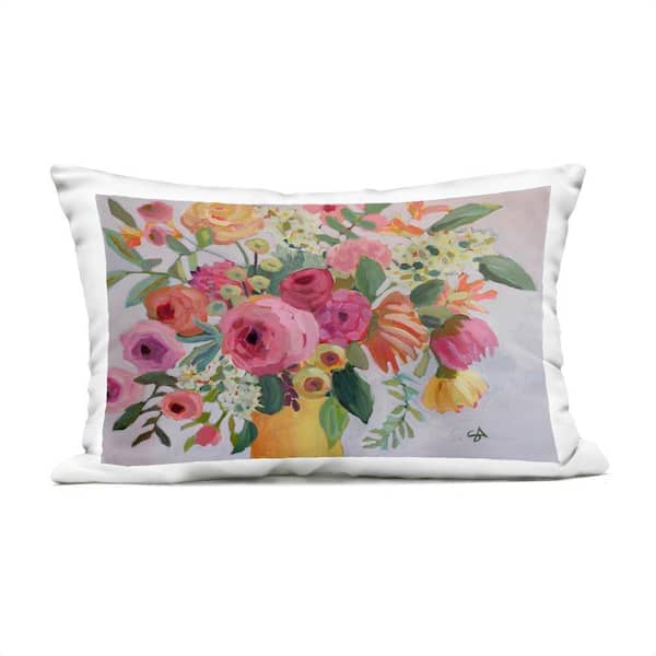 Assorted Flowers in Pink and Yellow Pink Rectangular Outdoor Throw Pillow