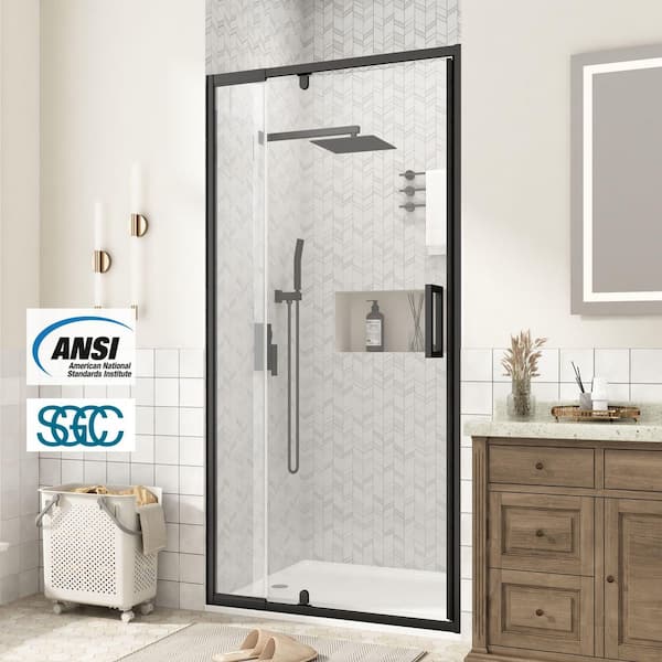 32 in. to 36 in. W x 72 in. H Framed Pivot Shower Door in Black with Clear Glass