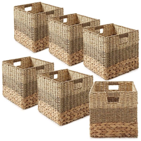 Brown Mixed Weave 10.5 in. x 10.5 in. Wicker Hyacinth Decorative Basket Storage Cube Set of 6
