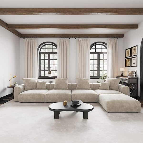 181 in. Beige Square Arm 5-Piece Corduroy L-Shaped Modular Free combination Sectional Sofa with Ottoman
