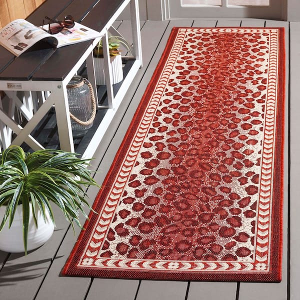 Courtyard Red/Beige 2 ft. x 8 ft. Border Cheetah Indoor/Outdoor Runner Rug