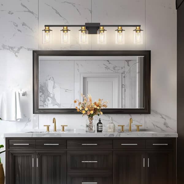 40 in. 5-Light Black and Gold Bathroom Vanity Light Fixtures Over Mirror with Clear Glass Shades for Bathroom