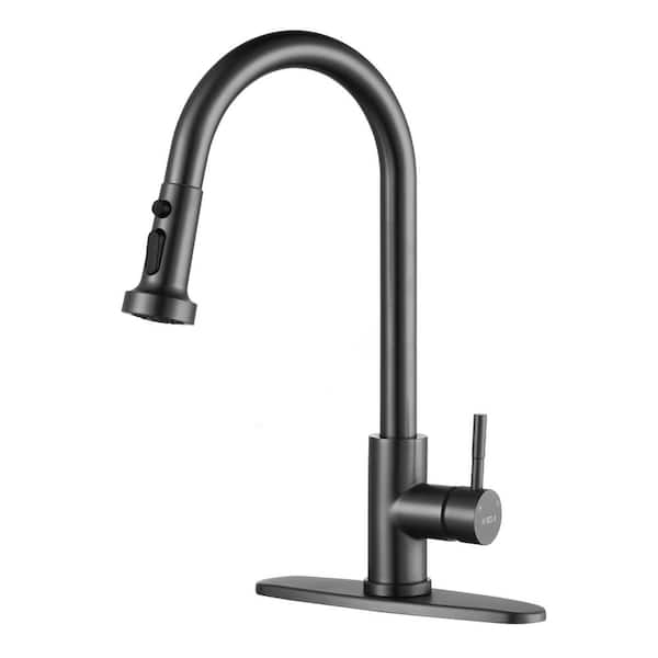WOWOW Single Handle Deck Mount Gooseneck Pull Down Sprayer Kitchen Faucet in Brushed Grey