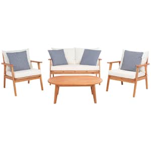 Deacon Natural 4-Piece Wood Patio Conversation Set with Beige Cushions and Blue Striped Pillows