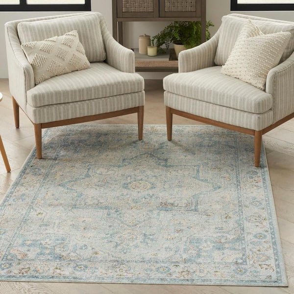 Astra Machine Washable Light Blue 4 ft. x 6 ft. Center medallion Traditional Area Rug
