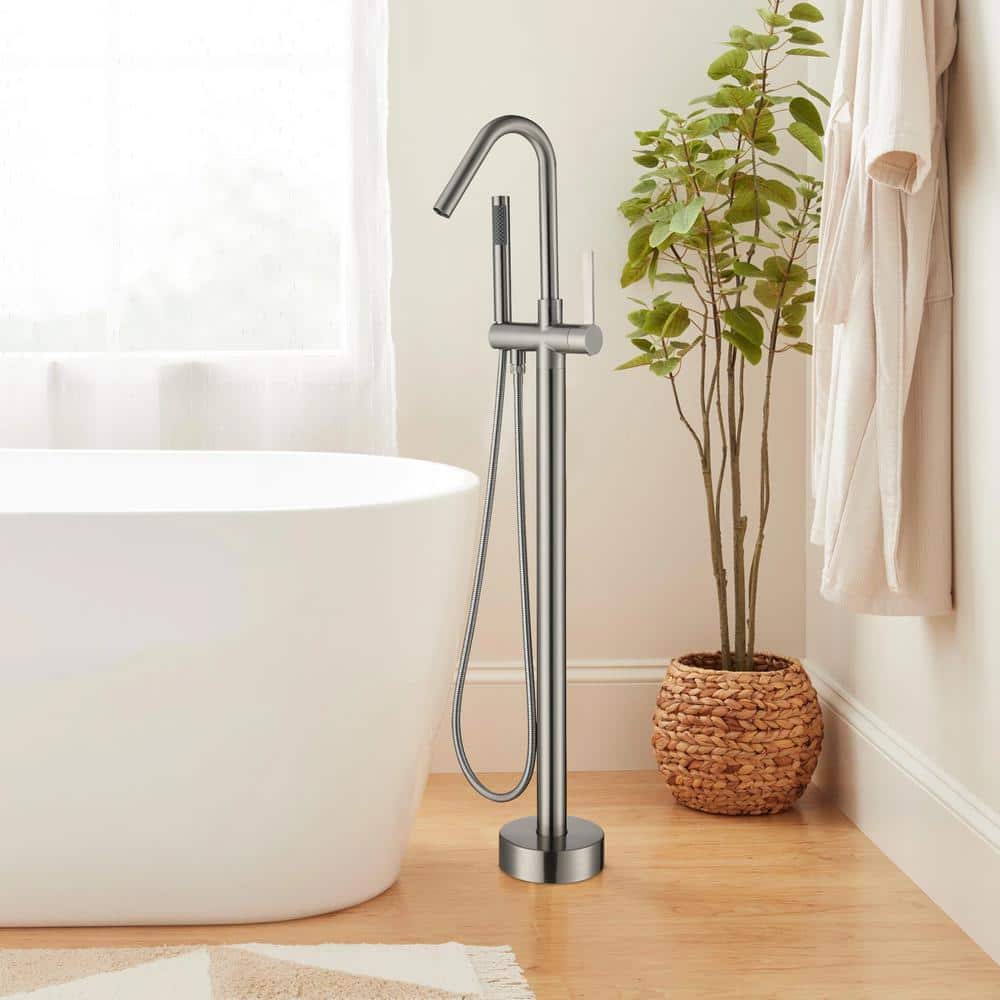 Brushed Nickel Freestanding Tub Filler with Hand Shower