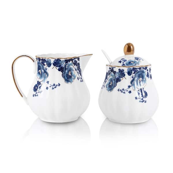 10 fl. oz. White with Blue Flower Ceramic Sugar and Creamer Set (Set of 3), Cream Pitcher, Sugar Bowl with Lid and Spoon