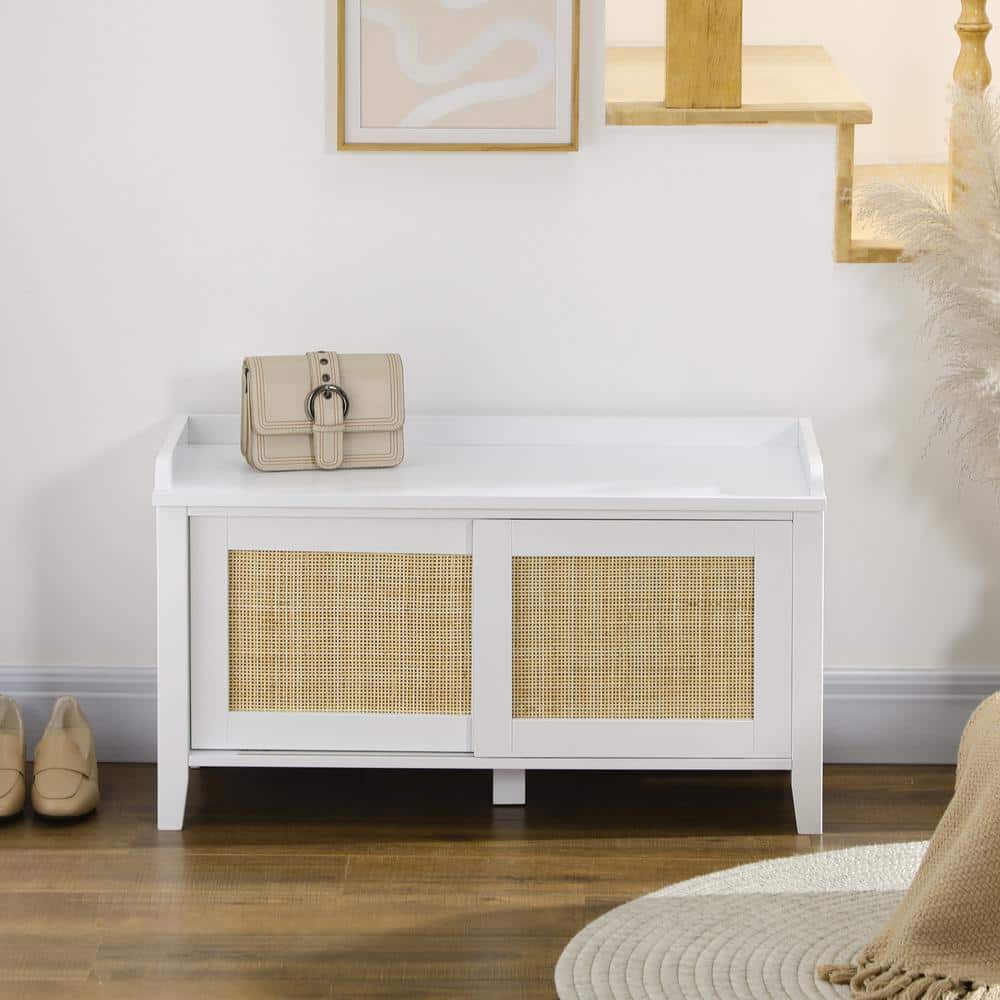 White Pine Wood Shoe Storage Bench with Rattan Sliding Doors