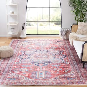 Serapi Red/Navy 10 ft. x 14 ft. Machine Washable Border Floral Area Rug