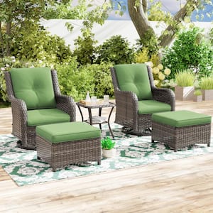 5-Piece Wicker Patio Outdoor Conversation Rocking Chair Set with Green Cushions