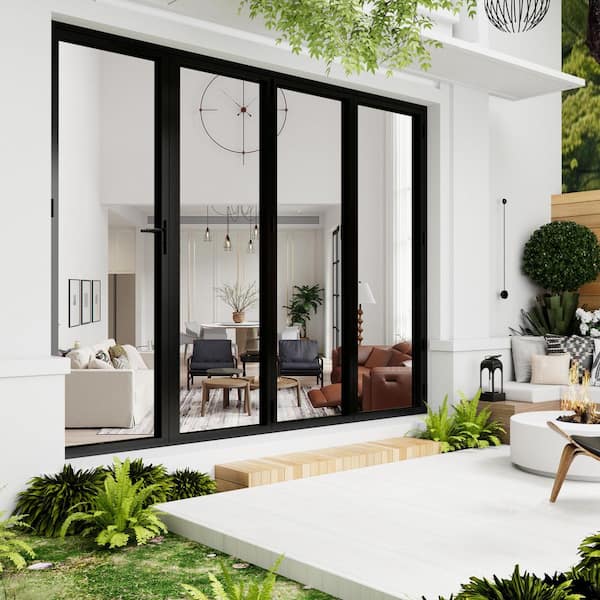 120in. x 96 in. Right Swing Tempered Glass Black Aluminum Folding Patio Door with Door Stopper (3-Folding Plus 1-Swing)