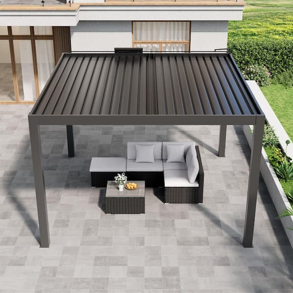13 ft. x 13 ft. Dark Gray Aluminum Patio Pergola with Built-In Solar Panel, Ceiling Fan and Round LED Light