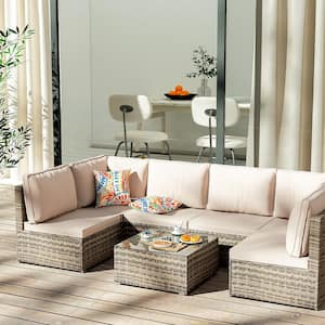 7 Pieces Wicker Outdoor Sectional Sofa Set Patio Conversation Set with Beige Cushions for Outdoor Living