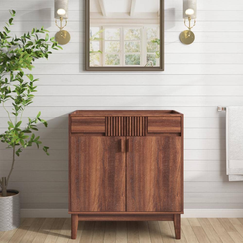 30 in. Mid-Century Modern Vanity Cabinet with Solid Wood Legs and 2 Soft-Close Doors, Walnut Finish price history on PriceWatchPro