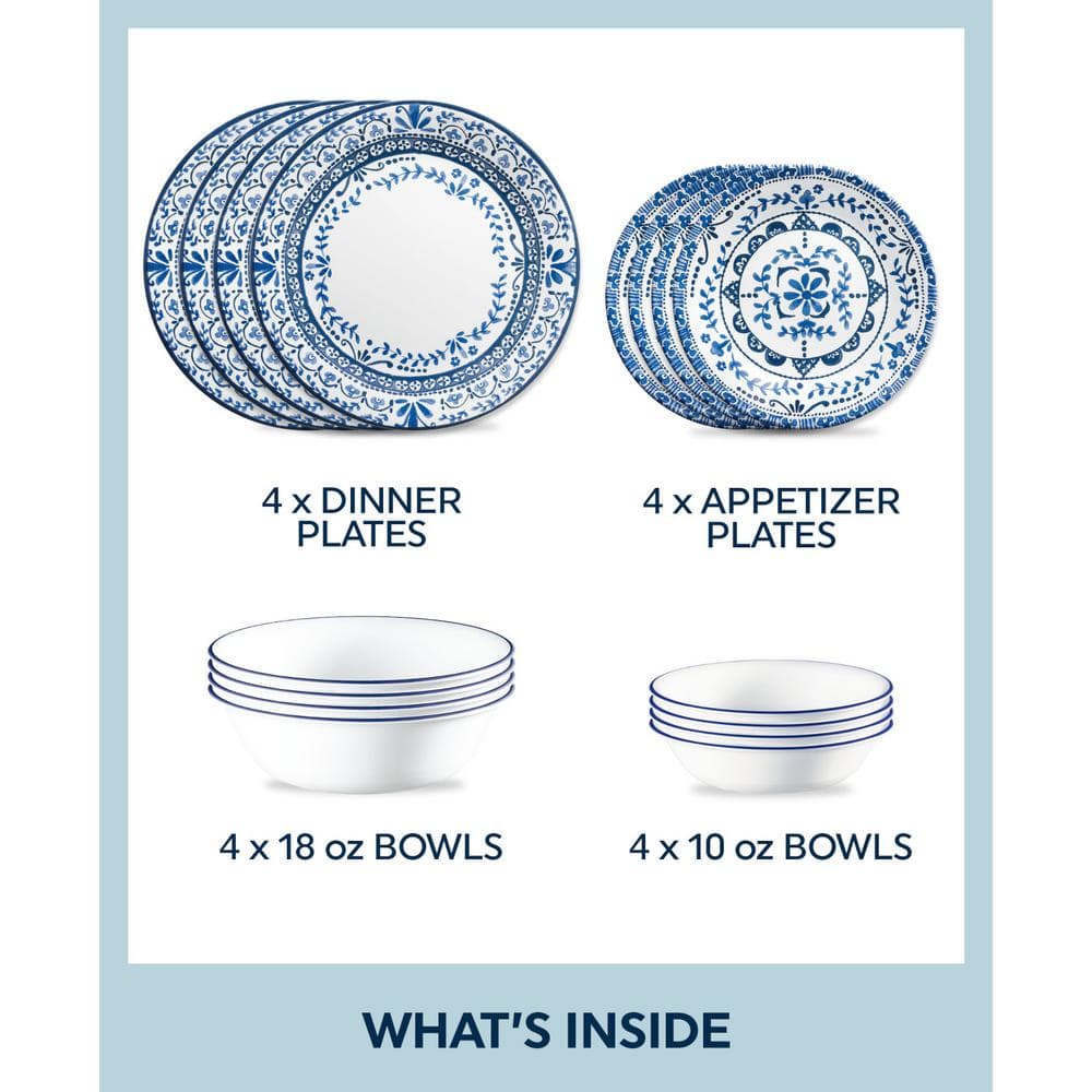 Portofino Blue Floral Vitrelle Glass Dinnerware Set, Service for 4