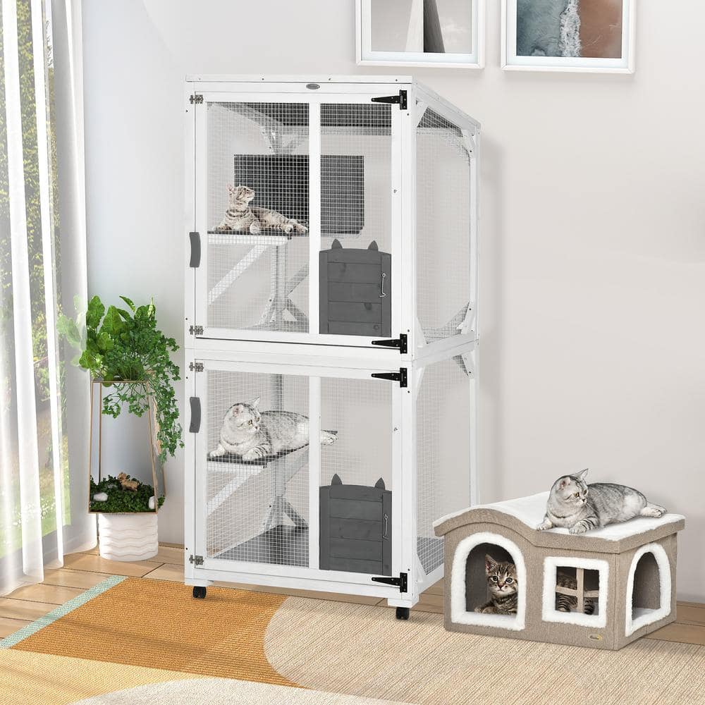 Large White and Gray Wooden Outdoor Cat House with Wheels