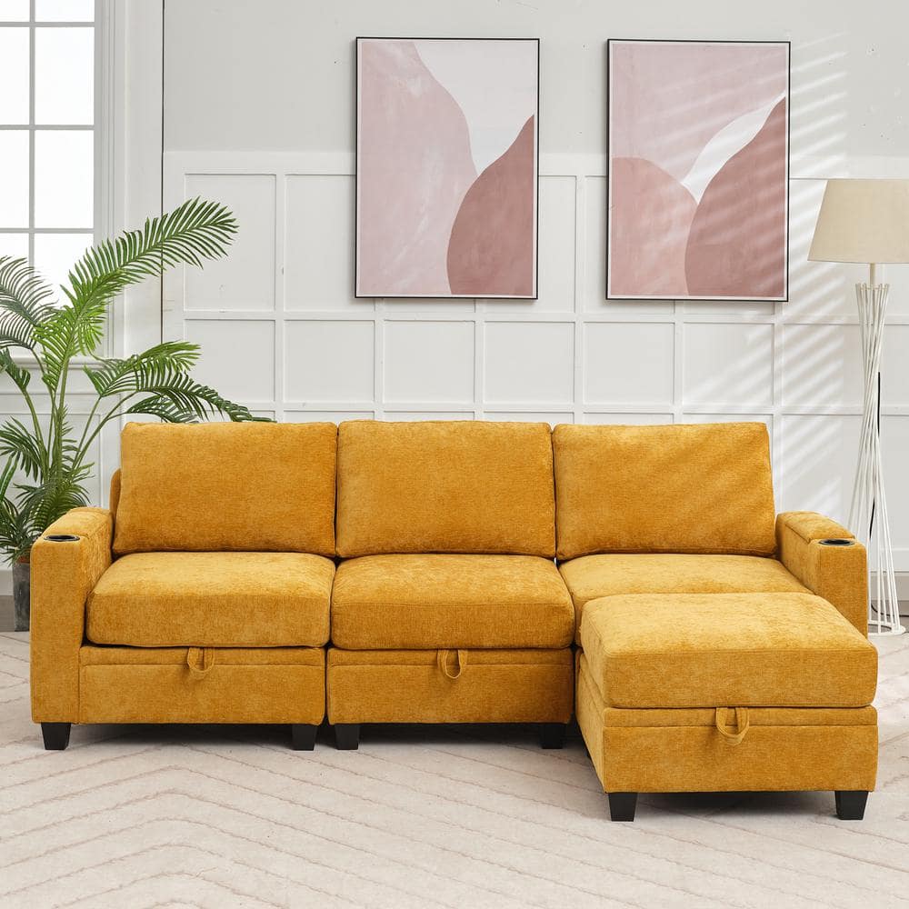 JEAREY Modern 91 in. Yellow Chenille Square Arm L-Shaped Storage