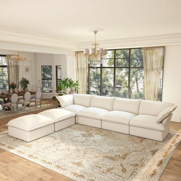 U-shaped 163 in. Flared Arm 6-piece Down Filled Linen Modular Sectional Sofa Bed Cloud Couch with 2 Ottomans in White