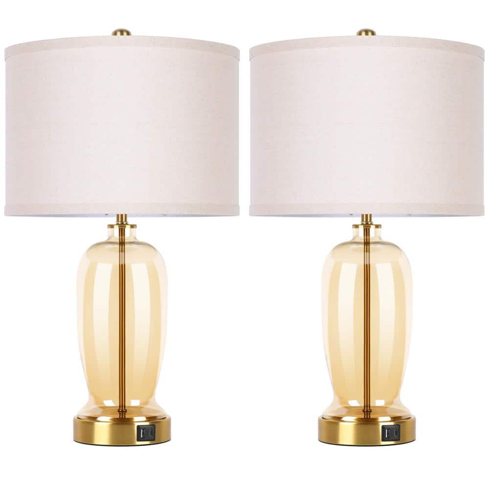 Myfoi 23 in. Modern Golden Glass Touch Table Lamps Set of 2 with USB Port, 3 Way Dimmable