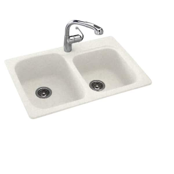 Swan Drop-In/Undermount Solid Surface 33 in. 1-Hole 55/45 Double Bowl Kitchen Sink in Tahiti White