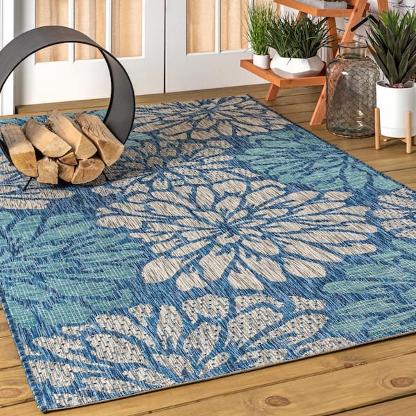 JONATHAN Y Zinnia Modern Floral Navy/Aqua 3 ft. 11 in. x 6 ft