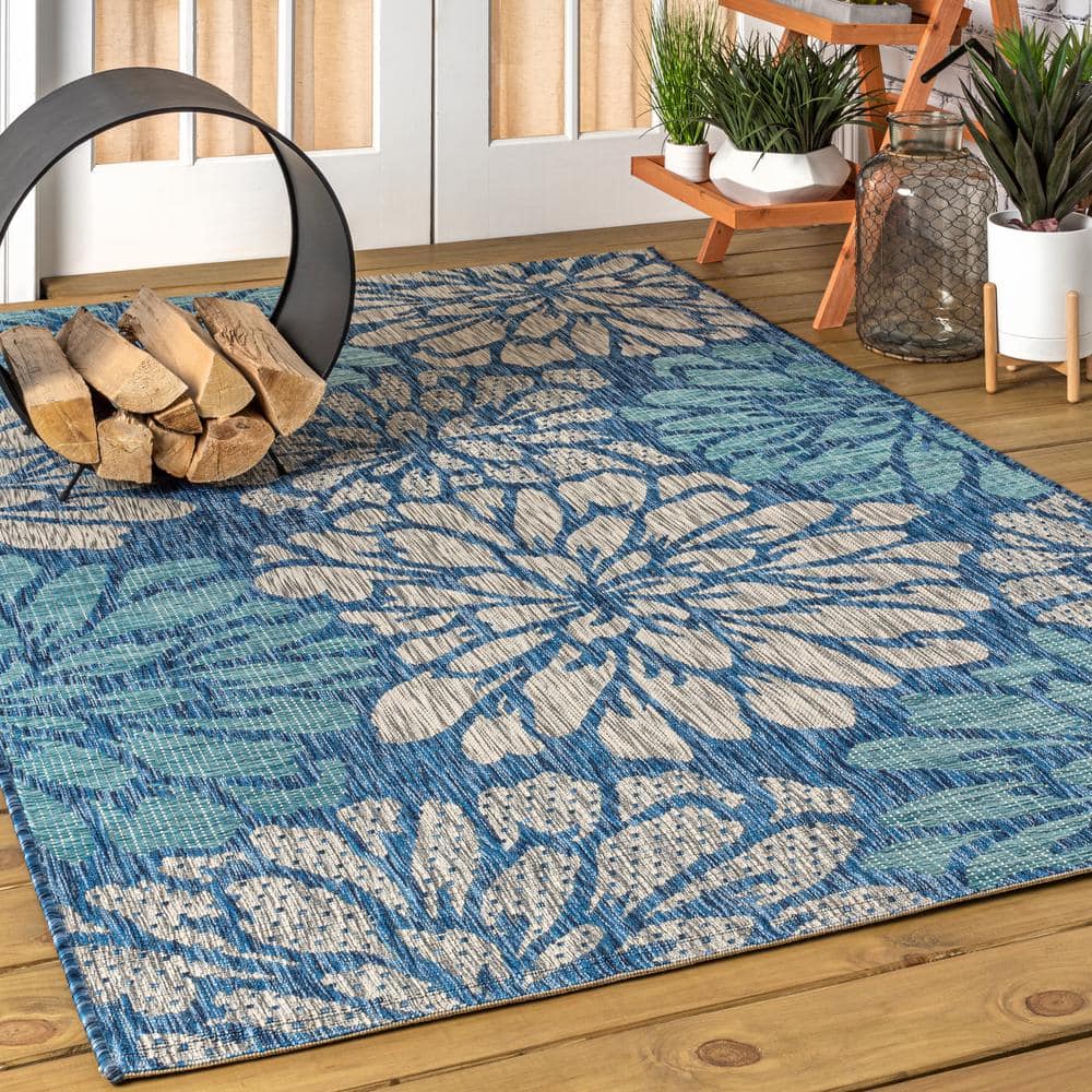 Navy Aqua Floral Synthetic Flat Woven Reversible Rug 5x8