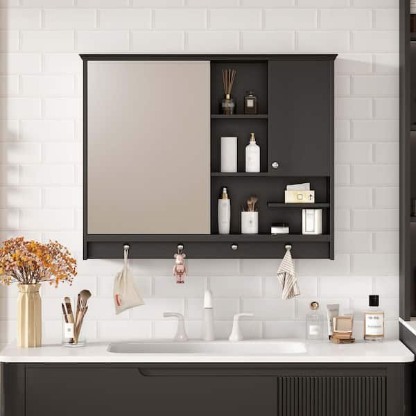 36 in. W x 28 in. H Rectangular MDF Medicine Cabinet, Storage Bathroom Cabinet with Mirror Door, Adjustable Shelf, Black