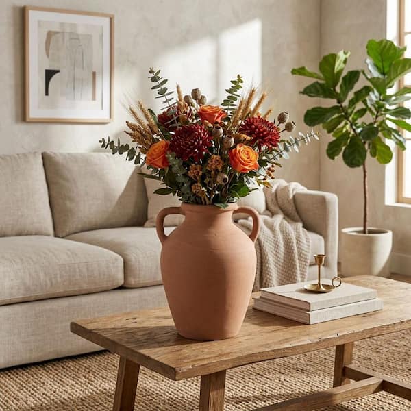 Liv & Skye 13 in. Brown Ceramic With Handles Decorative Vase 18254