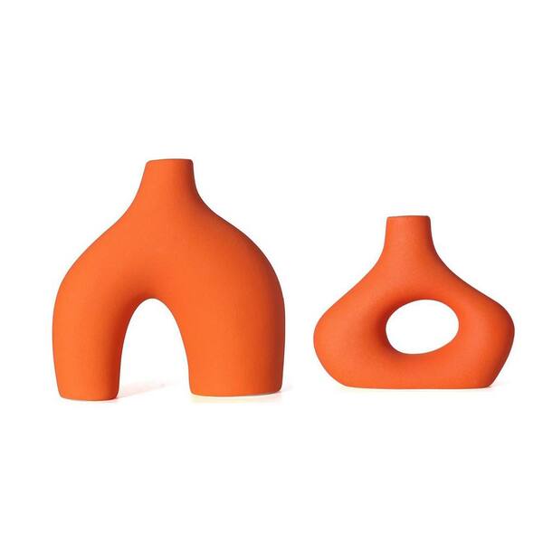 Orange 7 in. x 7.4 in. Ceramic Minimalist Bohemian Vase Set of 2