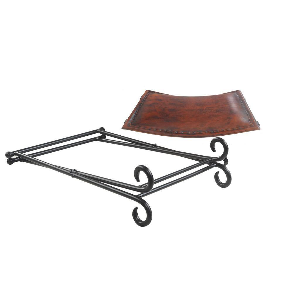 Warm Brown Leather & Black Iron Foldable Accent Stool